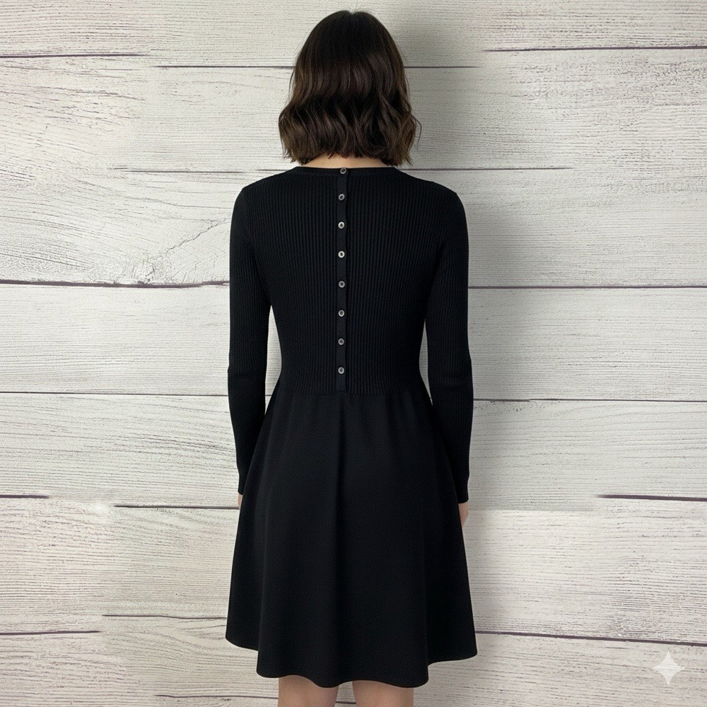 Boden Black Wool Blend Knit Fit & Flare Dress Sz 12 Long Sleeve Back Button Rib - Picture 4 of 9